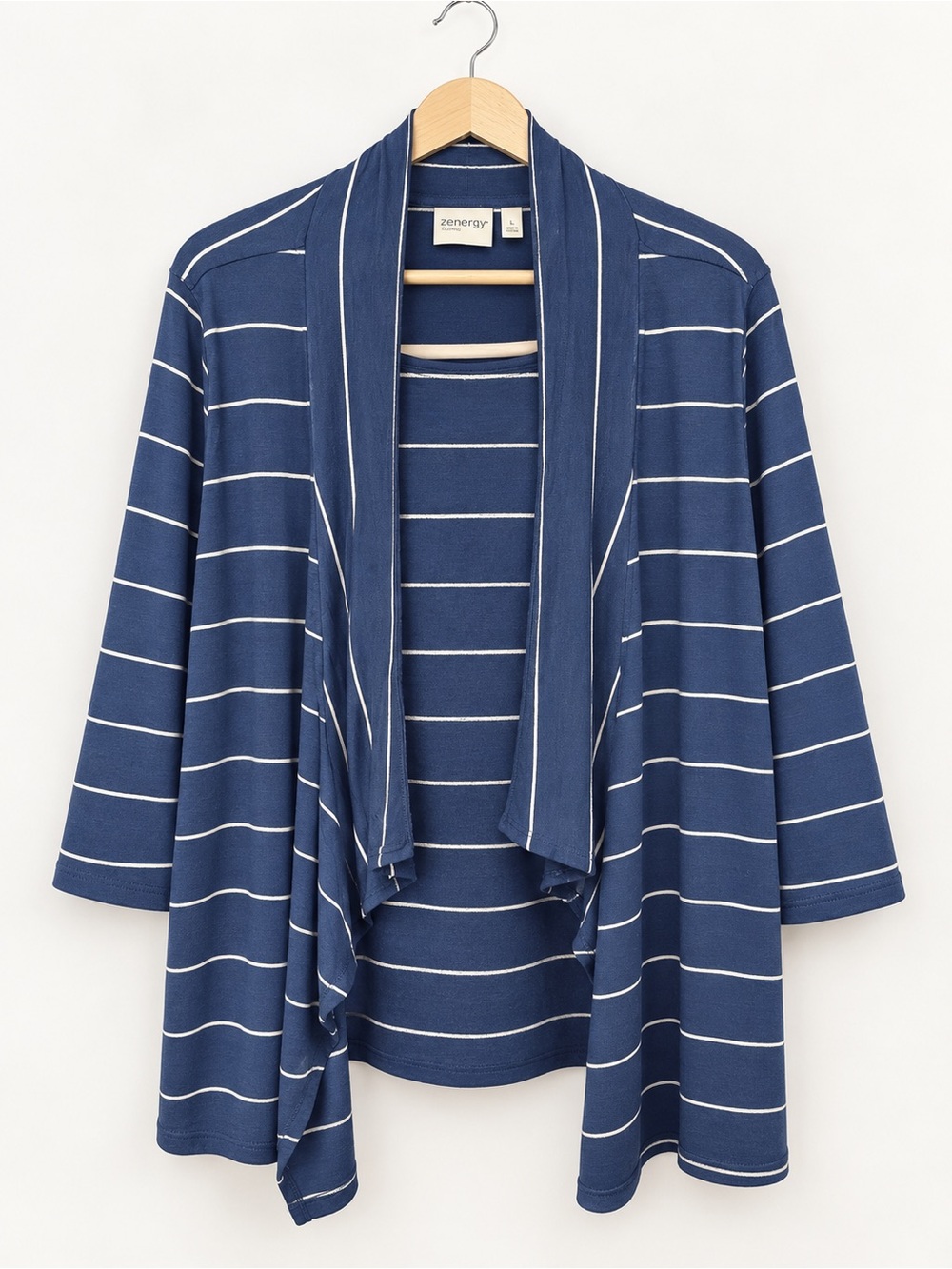 Women's Navy Striped Draped Open Cardigan - zoneray Chico’s Size 2